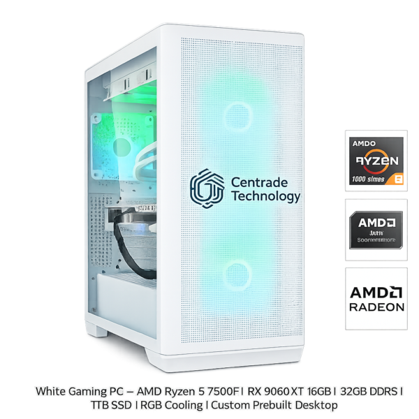 White Gaming PC – AMD Ryzen 5 7500F | RX 9060 XT 16GB | 32GB DDR5 | 1TB SSD | RGB Cooling | Custom Prebuilt Desktop